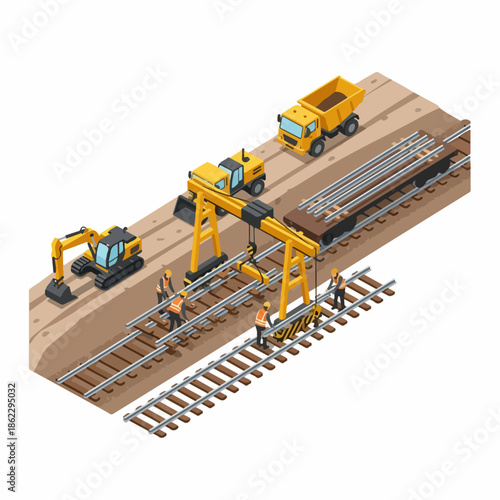 Isometric Detailed Railway Construction Process With Heavy Equipment and Workers Illustration