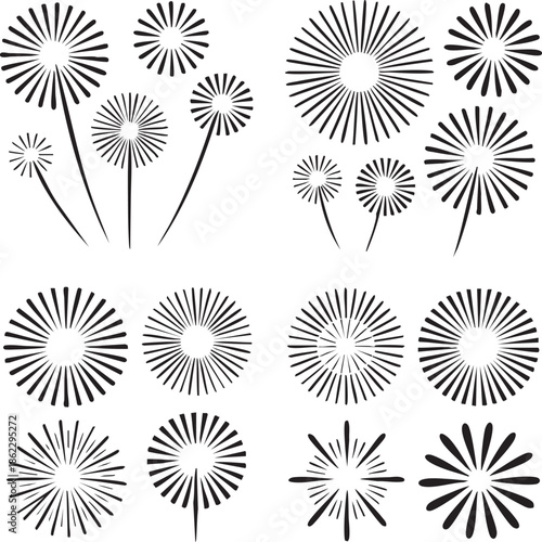 Collection of Black Starbursts and Dandelion Seed Head Graphics on White Background sunburst radial