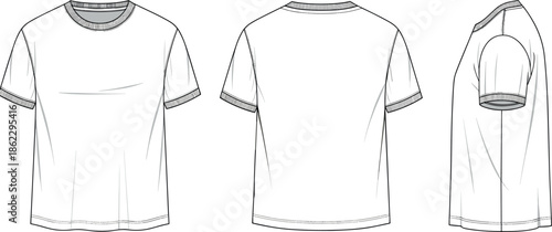 White blank crew neck t-shirt technical flat sketch vector illustration set with front back and side views for apparel design