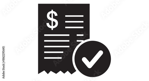 Icon of a receipt with a dollar sign and a checkmark, isolated on transparent background