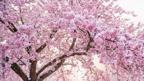 A beautiful cherry blossom tree covered in snow and icicles next to a traditional red Japanese bridge