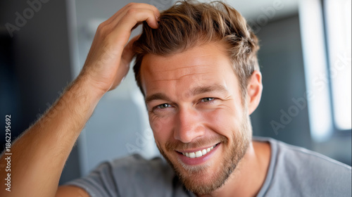 Wallpaper Mural Smiling man combing hair, front of mirror, daily grooming routine, bedroom setting, personal care, styling practice, with copy space Torontodigital.ca