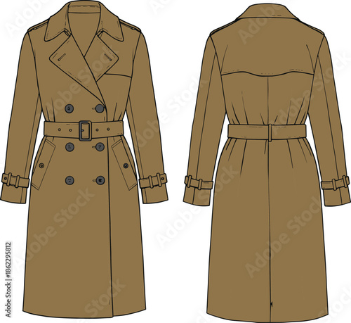 cad drawing flat vector illustration, technical sketch of classic belted trench coat, front and back view, fashion design template, apparel mockup