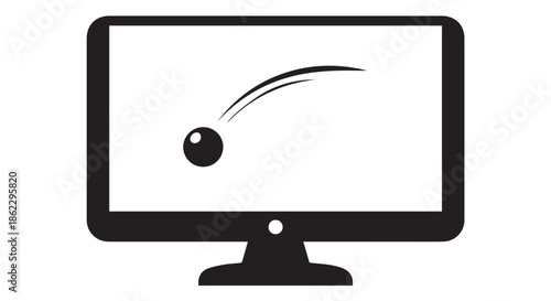 Black icon of a bouncing ball on a computer screen, isolated on transparent background