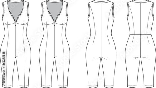 Cad drawing flat vector illustration, technical sketch fashion design, women’s sleeveless jumpsuit, fitness bodysuit design, activewear template outline vector