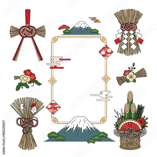 A vibrant collection of traditional Japanese New Year celebration elements, symbolizing prosperity and good fortune, perfect for festive seasonal designs and cultural greetings