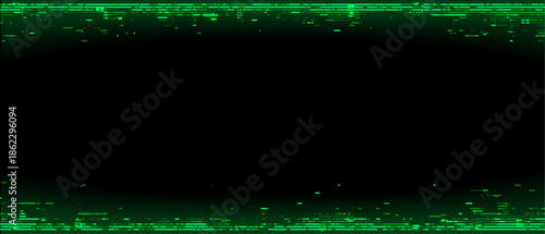 Green dynamic glitch effect on black screen for digital technology background. Data stream and computer hacker concept. Creative neon texture.