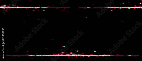 Abstract red and green glitch art on black background. Digital pixel noise and data corruption for modern design concept. Broken signal texture.