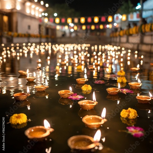 Bright and Vibrant Diwali Festival with Diyas Flowers and Fireworks