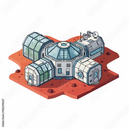 Isometric Detailed Martian Base Habitat Illustration for Space Exploration Theme