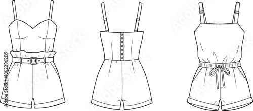 cad drawing flat vector illustration, technical sketch of women’s rompers, front view fashion design template, casual apparel mockup