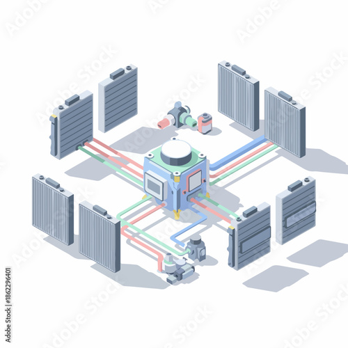 Isometric Detailed Industrial Control Panel Plant System Illustration