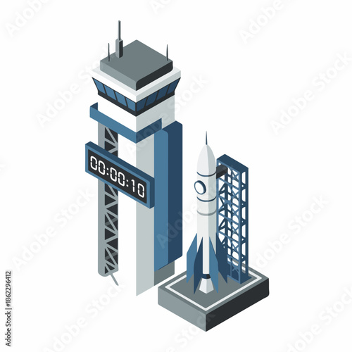 Isometric Detailed Space Rocket and Control Tower Science Technology Illustration