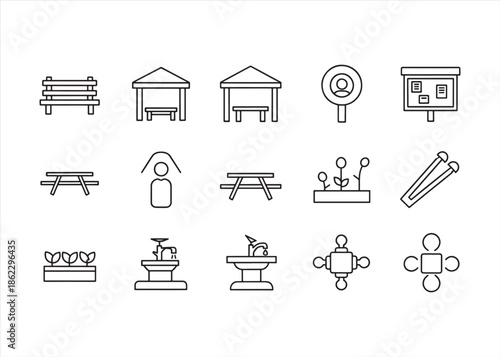 Community Space Linear Icon Set with Park, Playground, Library, and Garden Elements