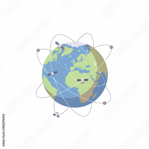 Flat Style Global Communication Satellites Surrounding Earth Graphic Illustration