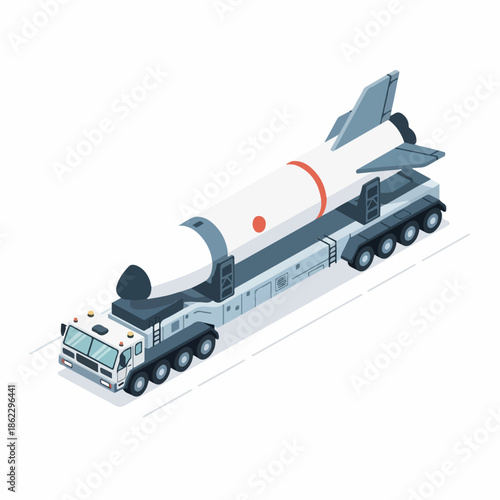 Isometric Detailed Rocket Transportation Vehicle on Truck with White Background