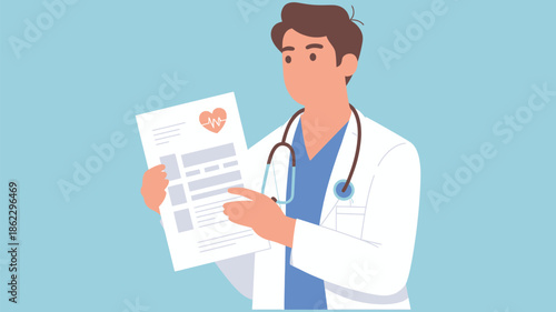 Medical professional reviewing healthcare documents with stethoscope, clean vector illustration ideal for medical analysis, patient records, diagnosis workflow, hospital services, and healthcare manag