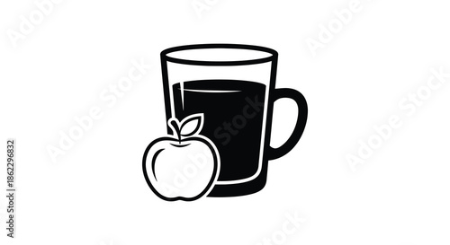 A simple black and white illustration depicts a glass of liquid with a red apple nearby