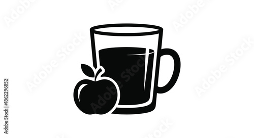 A simple black and white illustration depicts a glass filled with liquid and an apple