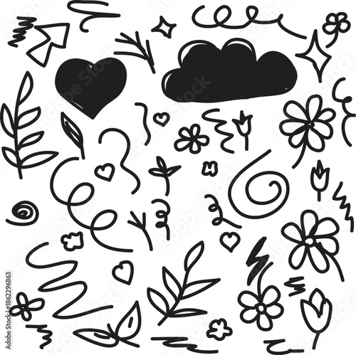 Black and white doodle art with hearts and flowers