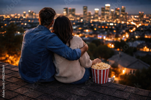 The couple hugs and looks at the city at night from the rooftop. Space for text.