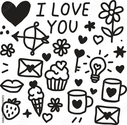 Love Doodles Collection with Hearts and Cupcakes