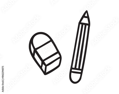 Pencil and eraser, stationery pair for study, line art school doodle, outline contour, monochrome, hand drawn
