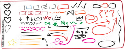 A colorful array of hand drawn shapes and symbols on a white background