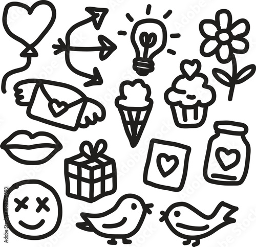 Whimsical Line Art Icons Set with Hearts and Birds