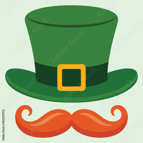 A vibrant green leprechaun hat with a gold buckle and a bright orange mustache, symbolizing St. Patrick's Day celebration.