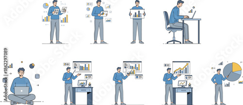 Business data analyst presenting financial charts and statistics report