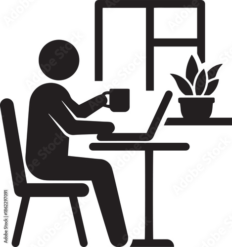 Man working on laptop in office silhouette vector illustration