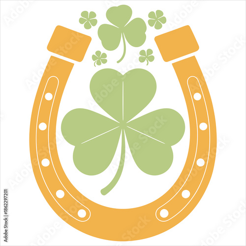 A golden horseshoe filled with green shamrocks, symbolizing luck and St. Patrick's Day.