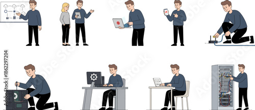 IT specialist technician working with computer server and network hardware