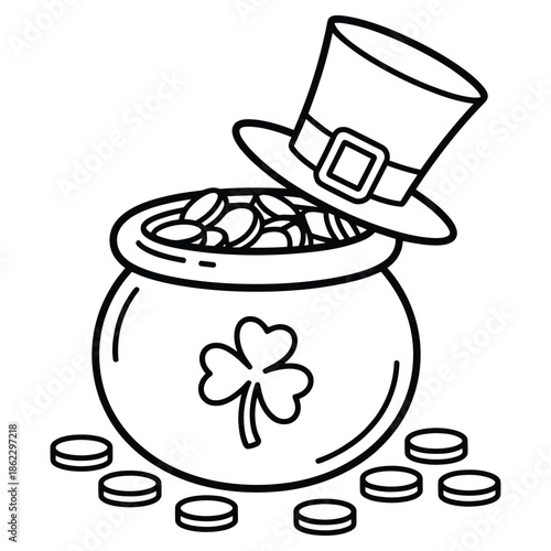 Black and white line art drawing of a leprechaun's pot of gold with a hat and shamrock, surrounded by scattered coins, symbolizing St. Patrick's Day.