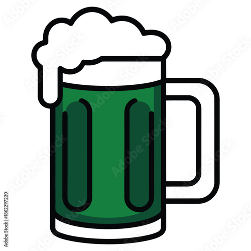Cartoon illustration of a green beer mug with white foam, celebrating St. Patrick's Day.