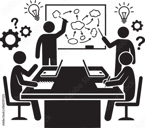 Business people working together at an office desk using a laptop