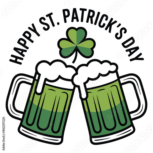 A festive illustration celebrating St. Patrick's Day with two clinking green beer mugs and a shamrock.
