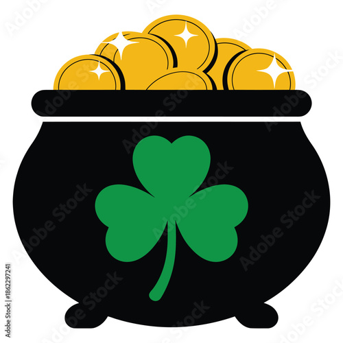 A black pot filled with sparkling gold coins and a green shamrock on the front, symbolizing luck and Irish tradition.