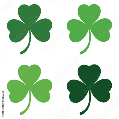 Four green shamrock or three-leaf clover icons in varying shades of green, arranged on a white background.