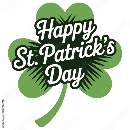A vibrant green shamrock with the festive message 'Happy St. Patrick's Day' written in white and dark green lettering, celebrating the Irish holiday.