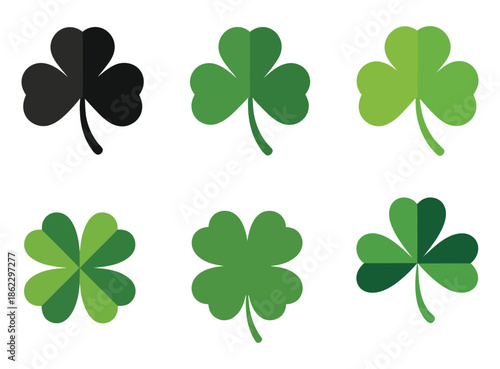 A collection of six stylized shamrocks and four-leaf clovers in various shades of green and one black, depicted as flat vector illustrations.