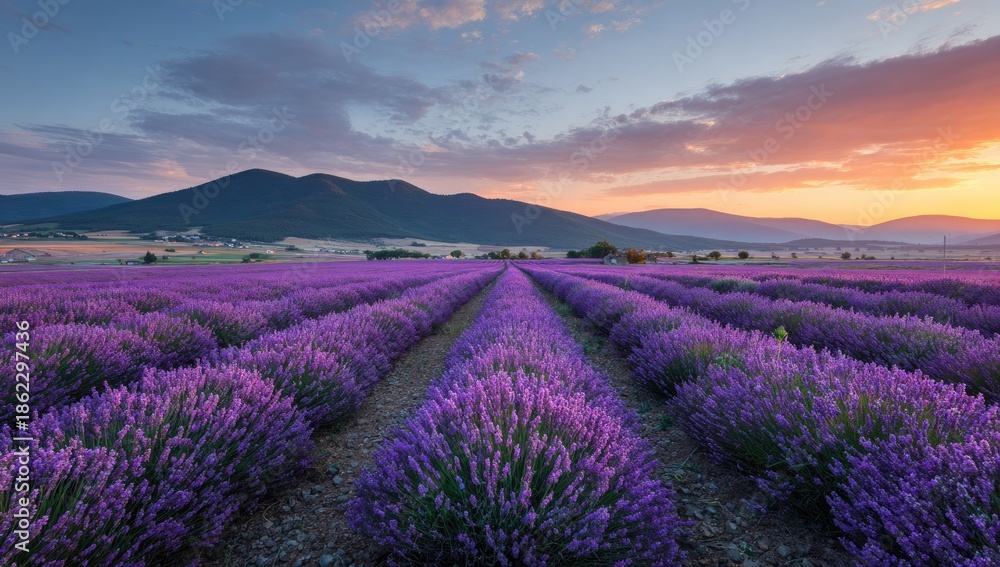 Fototapeta premium Rows of vibrant purple lavender fields under a colorful sunset sky.