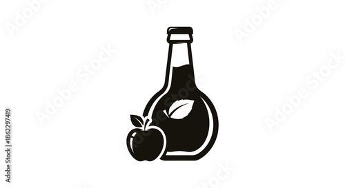 A simple black and white illustration depicting a bottle of sauce and a single apple