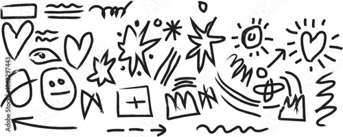 A collection of abstract doodles and scribbles in black on a white background