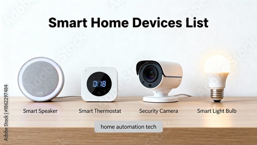 Simple infographic showing smart home devices list, clean layout, SEO keywords home automation tech