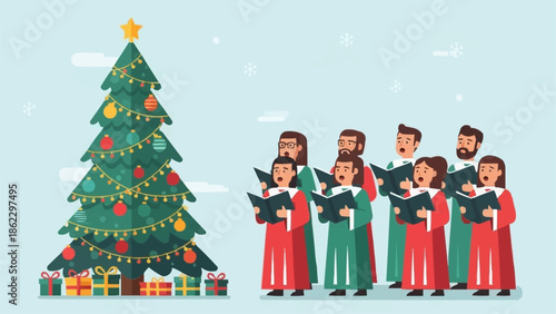 Christmas Carolers Singing Joyfully Next to a Decorated Tree.