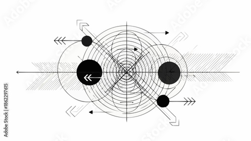 Abstract geometric design with circles and arrows.