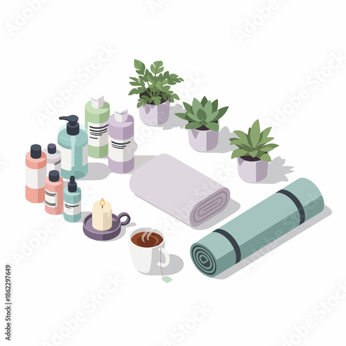 Isometric Decorative Spa Treatment and Relaxation at Home Illustration
