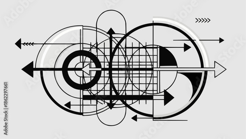 Abstract geometric shapes and arrows in a modern design.